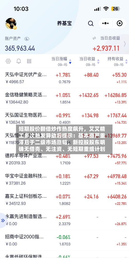 短期股价翻倍炒作热度飙升	，艾艾精工多次触发异动后提示：基本面严重滞后于二级市场涨幅，新控股股东明确无借壳、无注资	、无短期重组计划-第2张图片