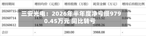 三安光电：2026年半年度净亏损9790.45万元 同比转亏