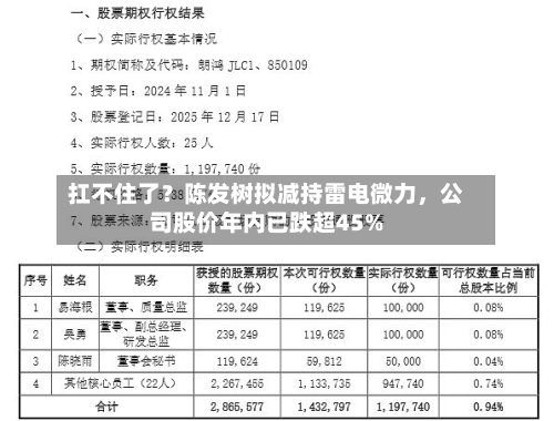 扛不住了？陈发树拟减持雷电微力	，公司股价年内已跌超45%-第2张图片