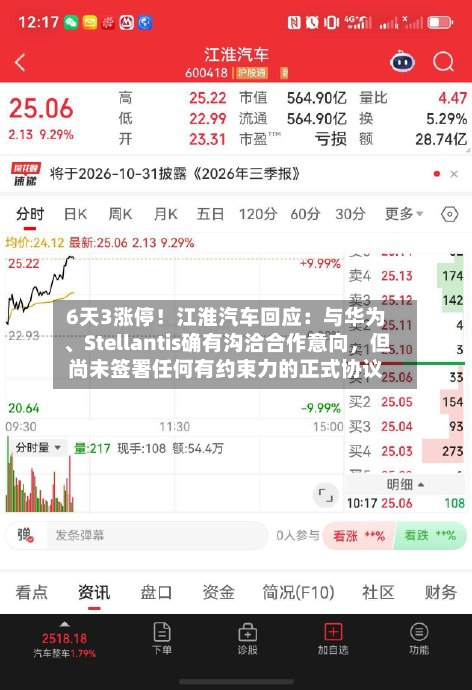 6天3涨停！江淮汽车回应：与华为、Stellantis确有沟洽合作意向，但尚未签署任何有约束力的正式协议