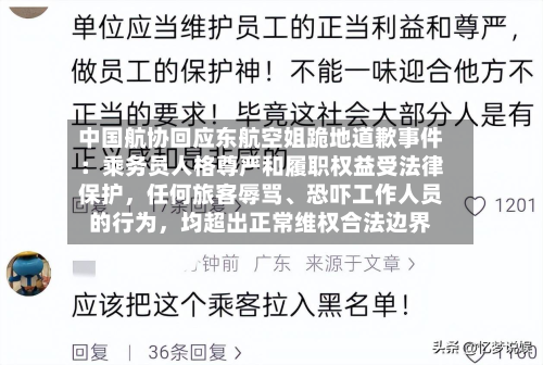 中国航协回应东航空姐跪地道歉事件：乘务员人格尊严和履职权益受法律保护，任何旅客辱骂	、恐吓工作人员的行为	，均超出正常维权合法边界-第2张图片