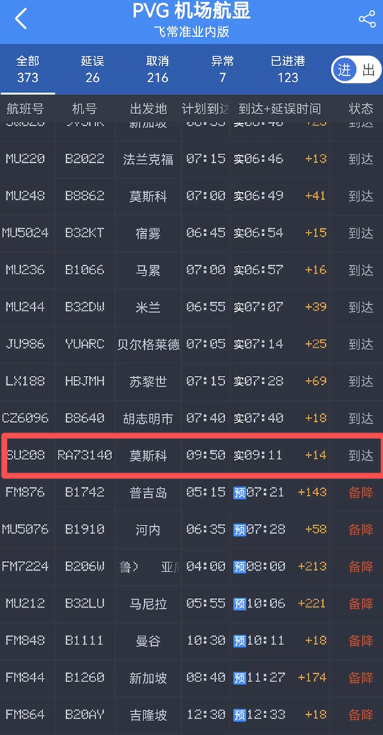 今天最猛的航班！俄罗斯航空的SU208提前38分钟落地上海浦东机场
