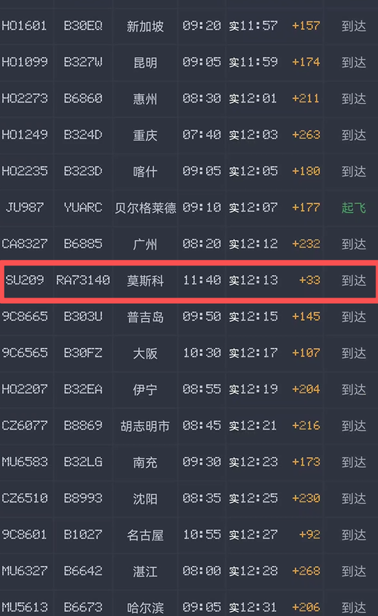 今天最猛的航班！俄罗斯航空的SU208提前38分钟落地上海浦东机场