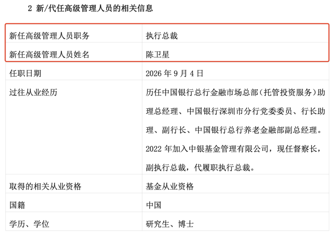 官宣！7000亿级基金公司中银基金新总裁定了	，陈卫星出任！